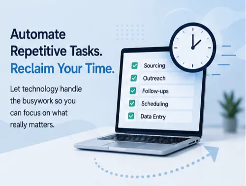 Automate repetitive tasks, reclaim your time — a laptop beside a clock, with sourcing, outreach, follow-ups, scheduling and data entry all ticked off.