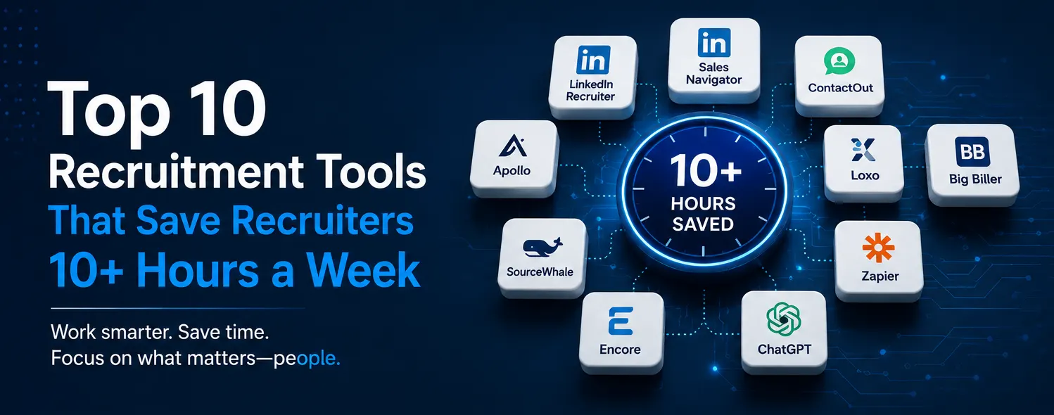 Top 10 Recruitment Tools That Save Recruiters 10+ Hours a Week — work smarter, save time, focus on what matters: people. A clock reading 10+ hours saved, ringed by tiles for LinkedIn Recruiter, Sales Navigator, ContactOut, Apollo, SourceWhale, Loxo, Big Biller, Zapier, Encore and ChatGPT.