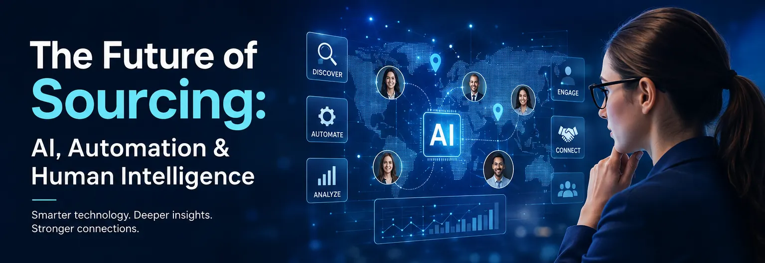 The Future of Sourcing: AI, Automation & Human Intelligence — smarter technology, deeper insights, stronger connections. A recruiter looking at a world map of candidate profiles centred on an AI node, ringed by discover, automate, analyze, engage and connect panels.