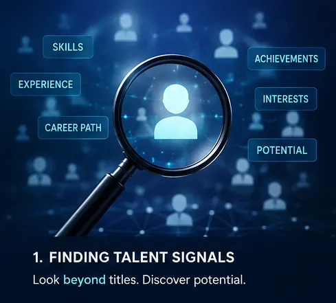 Finding talent signals: look beyond titles, discover potential. A magnifying glass over one candidate among many, labelled skills, experience, career path, achievements, interests and potential.