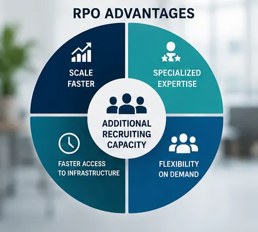 RPO advantages arranged around additional recruiting capacity: scale faster, specialized expertise, faster access to infrastructure, and flexibility on demand.