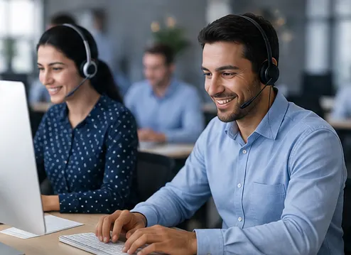 Two recruiters wearing headsets working at their screens in an open-plan office.