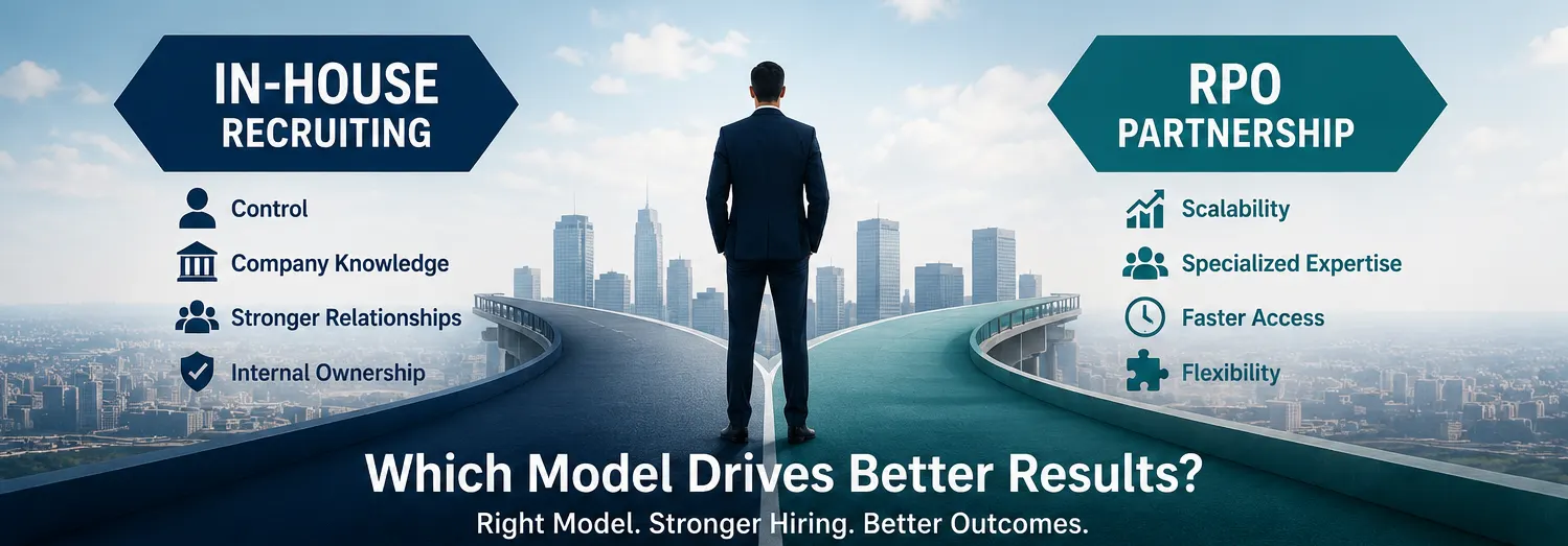 In-house recruiting versus RPO partnership: which model drives better results? Right model, stronger hiring, better outcomes. A forked road, with in-house offering control, company knowledge, stronger relationships and internal ownership, and RPO offering scalability, specialized expertise, faster access and flexibility.