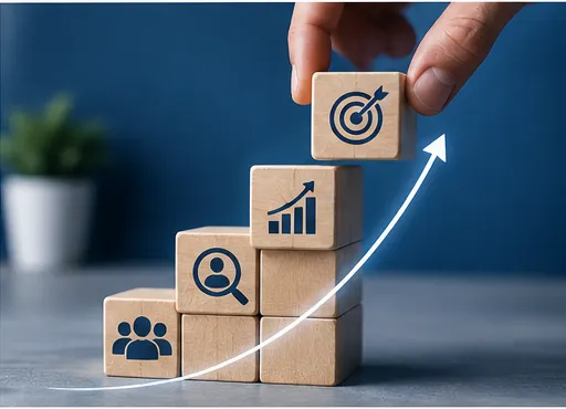 A hand setting a wooden block marked with a target on top of an ascending stack of blocks marked with people, search and growth icons, an arrow curving upward behind them.