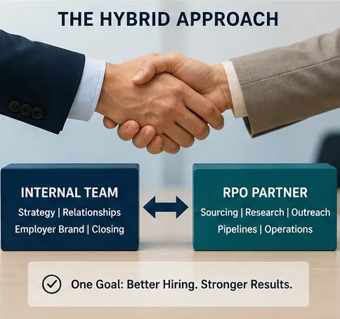 The hybrid approach: a handshake above two panels — the internal team covering strategy, relationships, employer brand and closing, and the RPO partner covering sourcing, research, outreach, pipelines and operations, toward one goal of better hiring and stronger results.