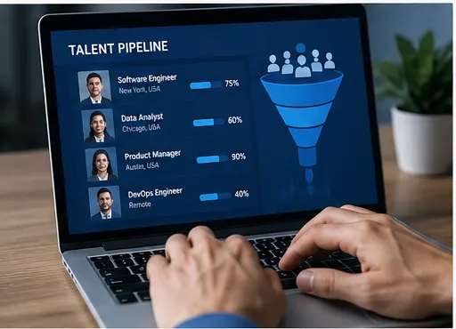 A laptop showing a talent pipeline dashboard — a software engineer, data analyst, product manager and DevOps engineer, each with a match score — beside a funnel graphic.
