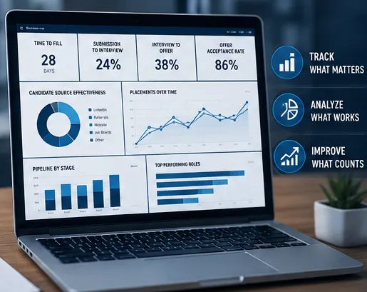 A laptop showing a recruiting dashboard — time to fill, submission to interview, interview to offer and offer acceptance rate, with source and pipeline charts — labelled track what matters, analyze what works, improve what counts.