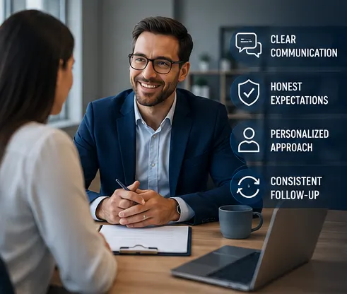 A recruiter and a candidate talking across a desk, labelled clear communication, honest expectations, personalized approach and consistent follow-up.