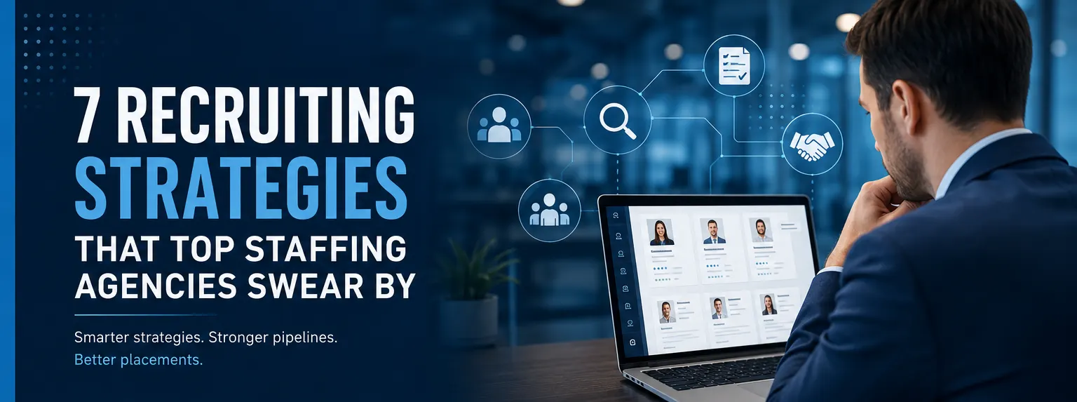 7 Recruiting Strategies That Top Staffing Agencies Swear By &mdash; smarter strategies, stronger pipelines, better placements. A recruiter reviewing candidate profiles on a laptop beside a network of sourcing, screening, shortlisting and placement icons.