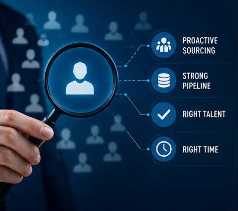 A magnifying glass held over one highlighted candidate icon among many, labelled proactive sourcing, strong pipeline, right talent and right time.