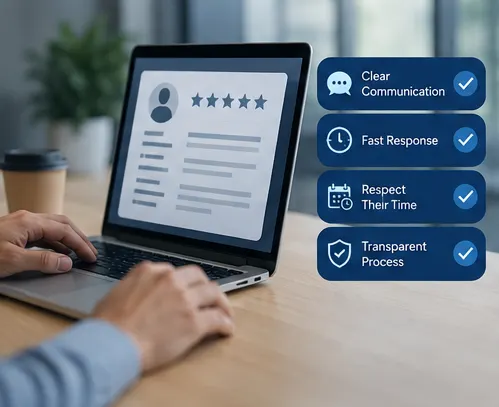 Someone working at a laptop showing a rated candidate profile, beside ticked labels for clear communication, fast response, respect their time and transparent process.