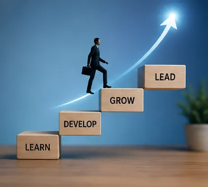 A figure climbing wooden blocks labelled learn, develop, grow and lead, an arrow rising past them.