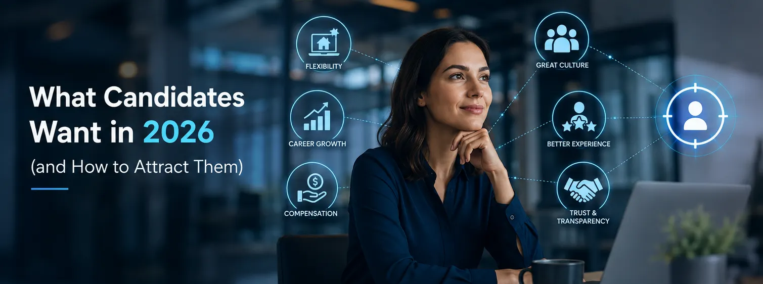 What Candidates Want in 2026 (and How to Attract Them). A candidate at her desk surrounded by linked icons for flexibility, career growth, compensation, great culture, better experience, and trust and transparency.