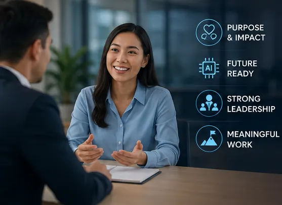 A candidate talking with an interviewer across a desk, beside labels for purpose and impact, future ready, strong leadership and meaningful work.
