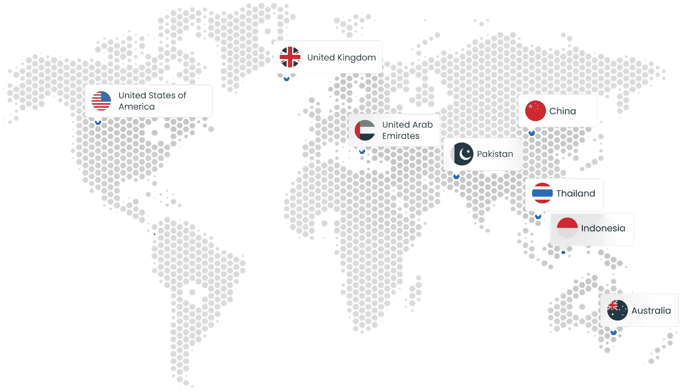 World map marking the United States, United Kingdom, United Arab Emirates, Pakistan, China, Thailand, Indonesia and Australia.
